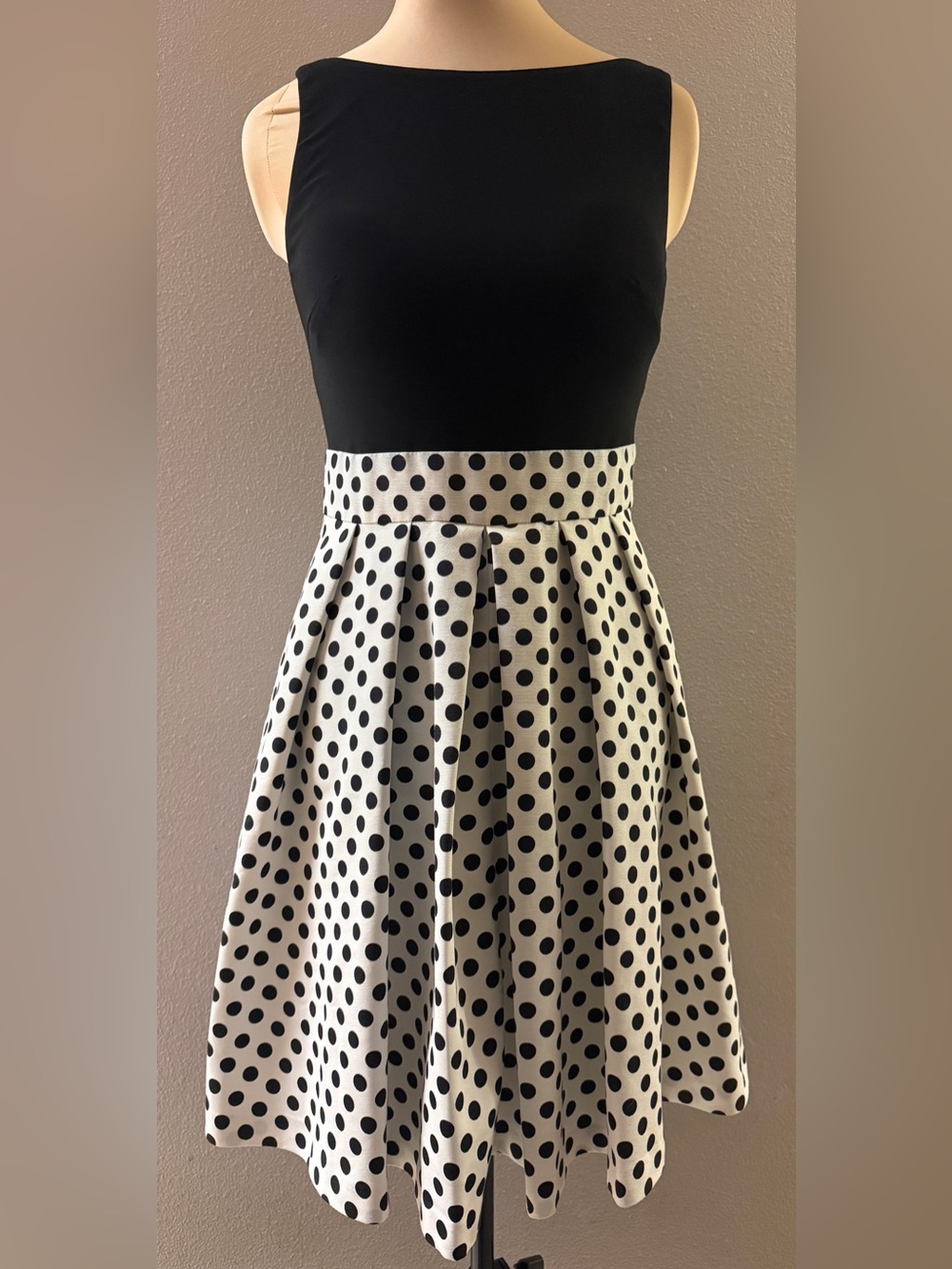 Lauren Ralph Lauren Black Bodice White Polka Dot Dress Zipper Pockets Size 10